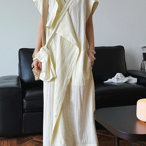 Load image into Gallery viewer, Women  Beige Ruffles Big Size Elelgant Long Dress New Stand Collar Short Sleeve Fashion Tide Spring Summer 2025 1DJ1406
