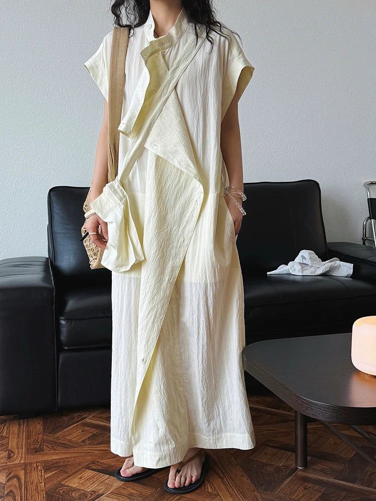 Women  Beige Ruffles Big Size Elelgant Long Dress New Stand Collar Short Sleeve Fashion Tide Spring Summer 2025 1DJ1406