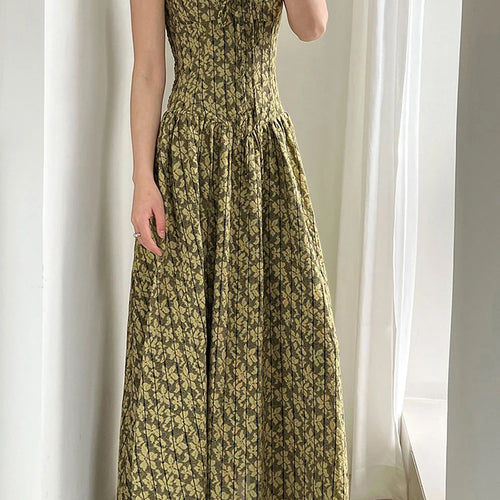 Load image into Gallery viewer, Women Green Printed Bandage Long Spaghetti Strap Dress New V-Neck Sleeveless Fashion Tide Spring Summer 2025 1DJ1311
