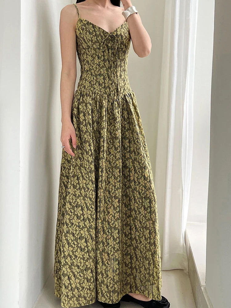 Women Green Printed Bandage Long Spaghetti Strap Dress New V-Neck Sleeveless Fashion Tide Spring Summer 2025 1DJ1311