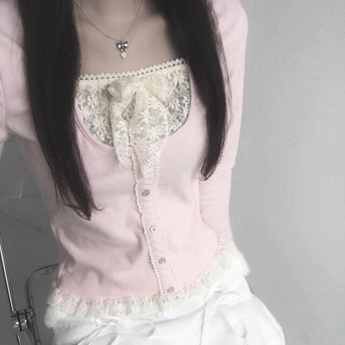 Load image into Gallery viewer, Hotsweet Pink Slim Spring T-shirt Female Lace Patched Bow Korean Top Shirts Ruched Coquette Clothes Tee Contrast Cute
