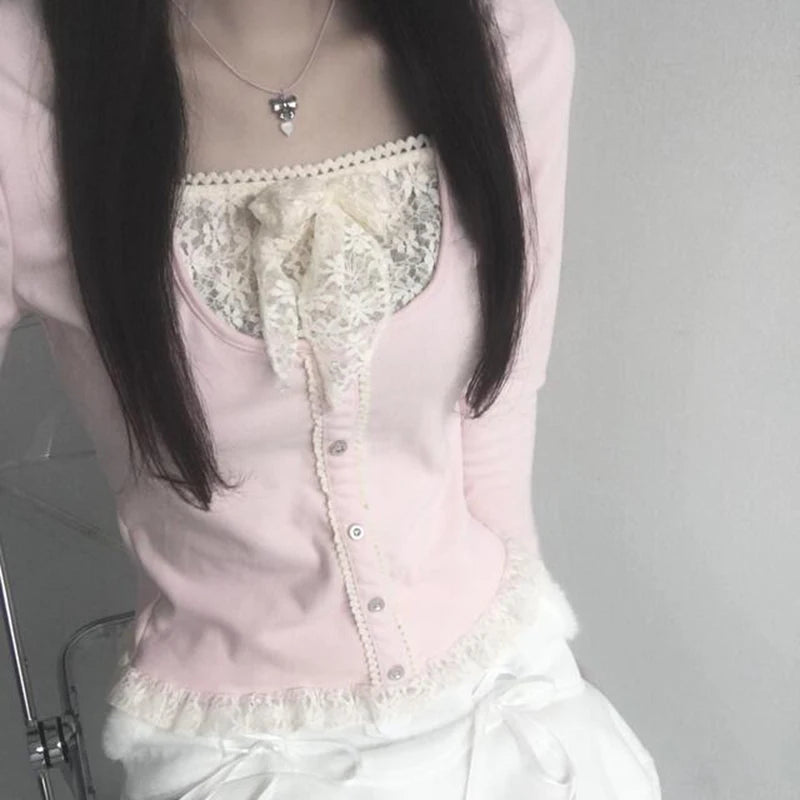 Hotsweet Pink Slim Spring T-shirt Female Lace Patched Bow Korean Top Shirts Ruched Coquette Clothes Tee Contrast Cute