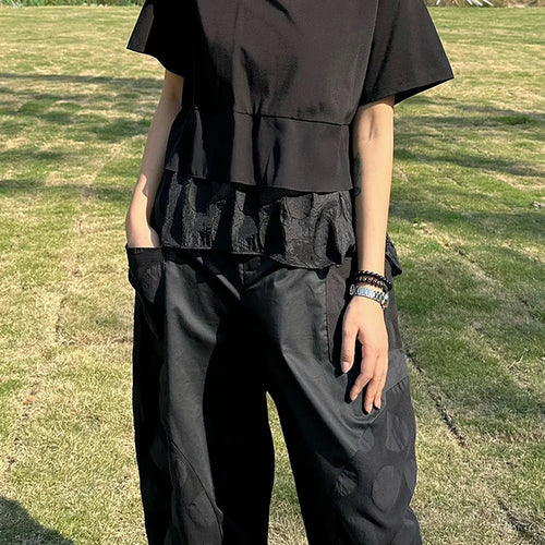 Load image into Gallery viewer, Women Black Hem Ruffles Irregular Big Size T-shirt New Round Neck Short Sleeve Fashion Tide Spring Summer 2025 1DJ0704
