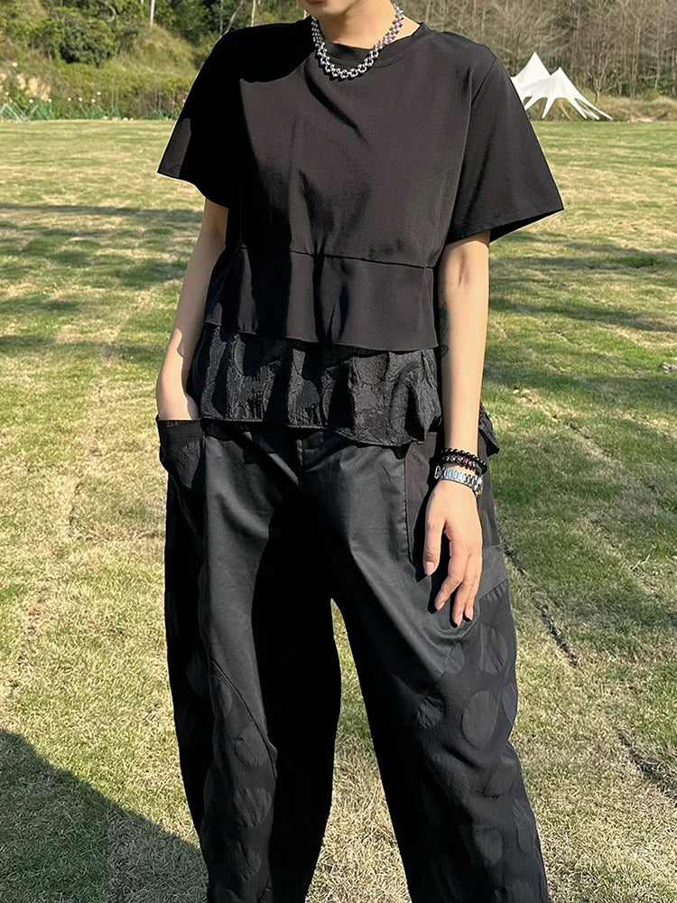 Women Black Hem Ruffles Irregular Big Size T-shirt New Round Neck Short Sleeve Fashion Tide Spring Summer 2025 1DJ0704