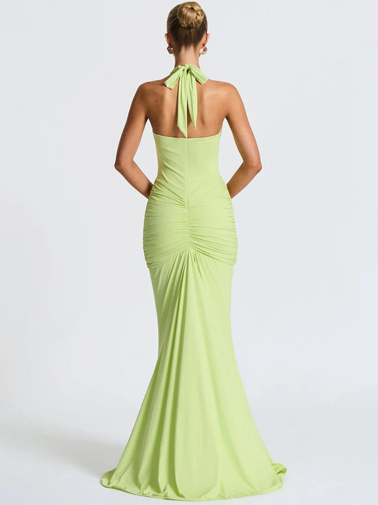 Deep V Neck Backless Ruched Sexy Maxi Dress Women Gown Summer Halter Sleeveless Draped Club Party Long Dress 2025