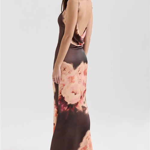 Load image into Gallery viewer, Satin Floral Print Sexy Maxi Dress Women Gown Elegant Spaghetti Strap Sleeveless Backless Bodycon Evening Club Dress
