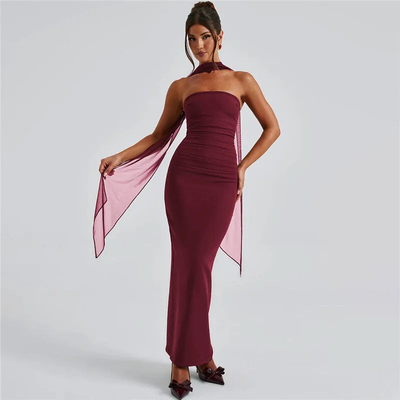 Strapless Backless Sexy Maxi Dress For Women Burgundy Mesh Sleeve Off-shoulder Bodycon Club Party Evening Long Dress