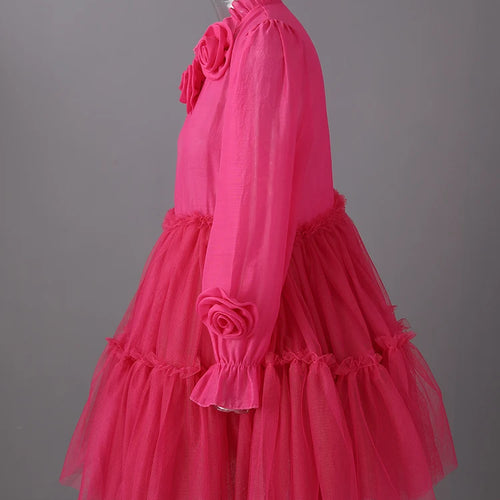 Load image into Gallery viewer, Women Rose Red Mesh Flower Big Size Mini Dress New Stand Collar Long Sleeve Fashion Tide Spring Autumn 2025 CPG3051
