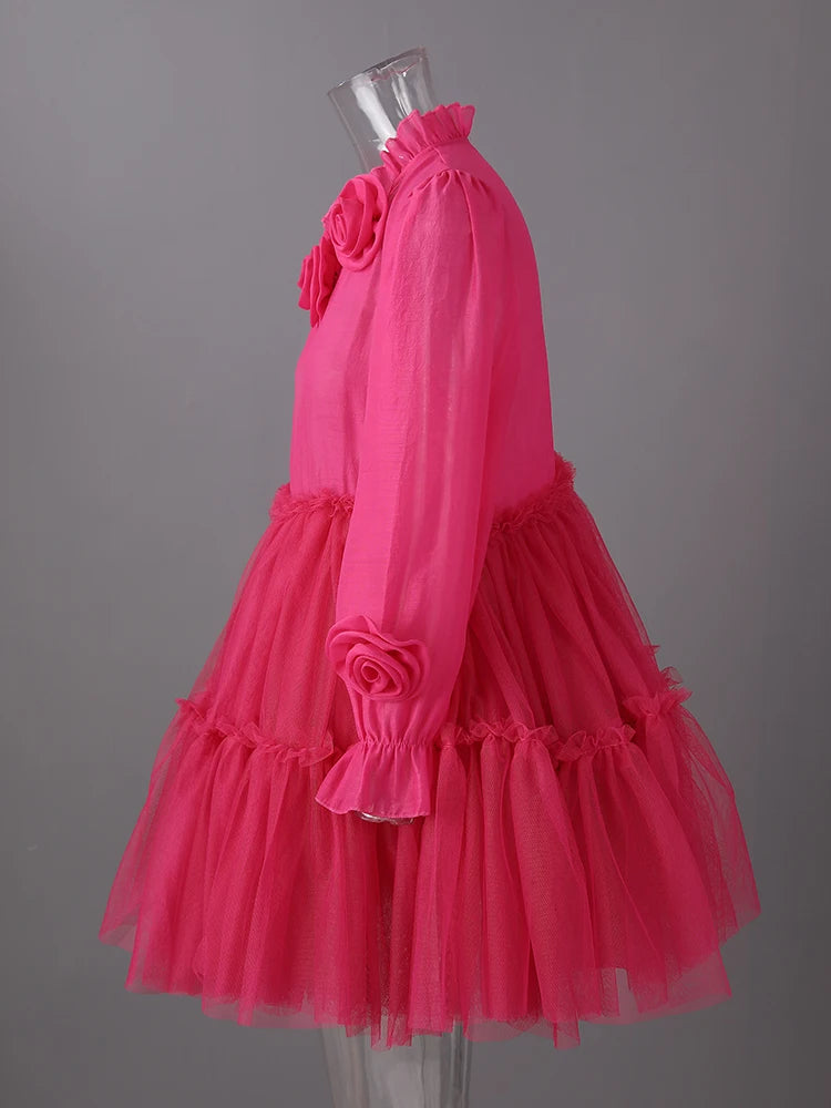 Women Rose Red Mesh Flower Big Size Mini Dress New Stand Collar Long Sleeve Fashion Tide Spring Autumn 2025 CPG3051