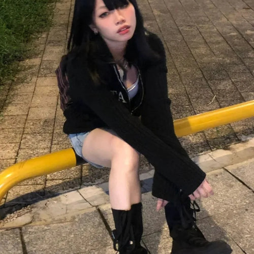 Load image into Gallery viewer, Y2k Aesthetic Letter Jacquard Knitted Cardigan Women Vintage Double Zippers Jacket Harajuku Loose Sweater Coat Grunge Streetwear
