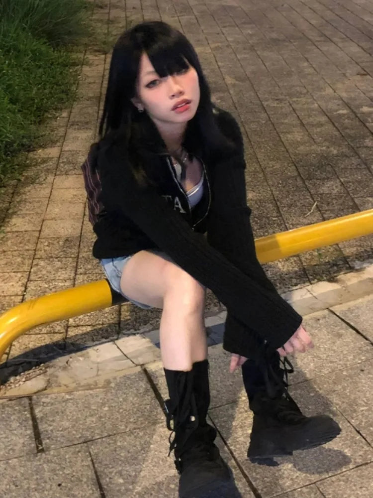 Y2k Aesthetic Letter Jacquard Knitted Cardigan Women Vintage Double Zippers Jacket Harajuku Loose Sweater Coat Grunge Streetwear