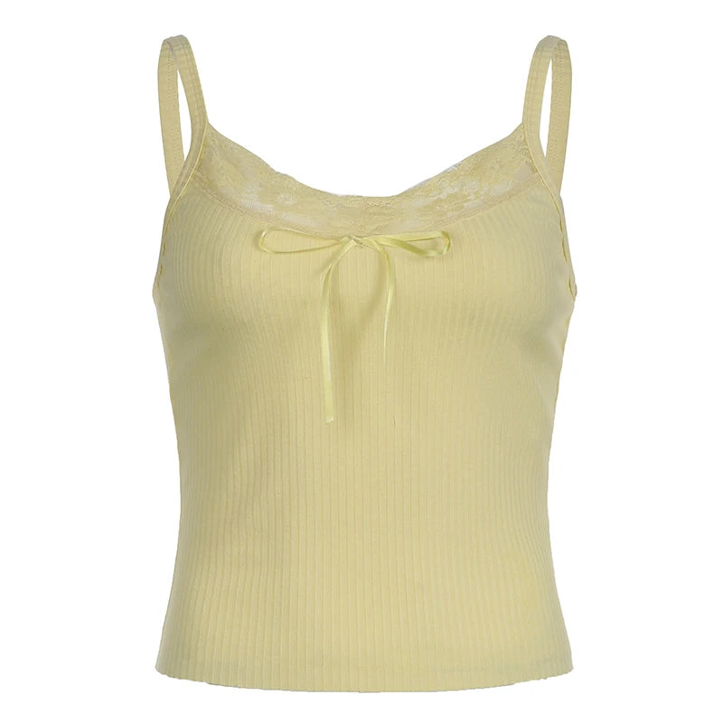 Y2K Yellow Strap Lace Trim Slim Summer Camis Top Tie-Up Kawaii Mini Cropped Top Female Korean Style Solid 2000s Girls