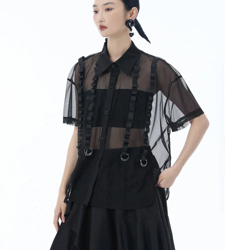 Women Black Mesh Ribbon Perspective Big Size Blouse New Lapel Short Sleeve Shirt Fashion Tide Spring Summer 2025 1DJ1631