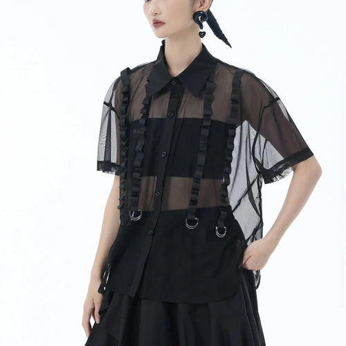 Load image into Gallery viewer, Women Black Mesh Ribbon Perspective Big Size Blouse New Lapel Short Sleeve Shirt Fashion Tide Spring Summer 2025 1DJ1631
