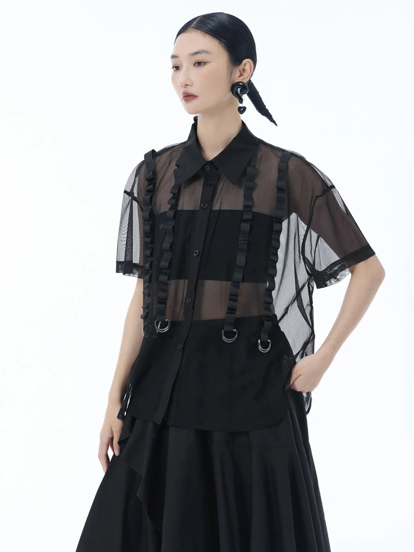 Women Black Mesh Ribbon Perspective Big Size Blouse New Lapel Short Sleeve Shirt Fashion Tide Spring Summer 2025 1DJ1631