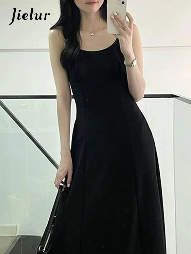 Pure Color Spaghetti Strap Women's Dresses French Style Black Sleeveless Fashion Female Maxi Dress Summer Office Ladies