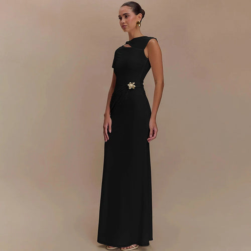 Load image into Gallery viewer, Hollow Out Backless Sexy Maxi Dress For Women Fashion Metal Buckle Solid Short Sleeve High Waist Slim Fit Long Dress
