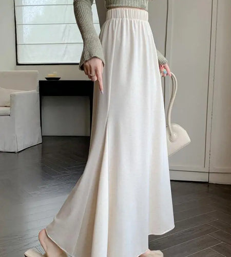 Autumn Winter Women's Black Elastic High Waist Fishtail Skirt Korean Version Beige Elegant Vacation Pleated A-line Long Skirts