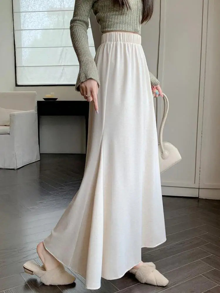 Autumn Winter Women's Black Elastic High Waist Fishtail Skirt Korean Version Beige Elegant Vacation Pleated A-line Long Skirts