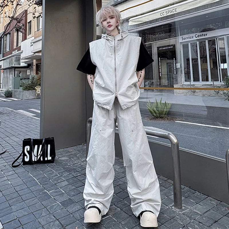 Men's Pants Set New Summer Solid Color Rivet Hooded Trendy Singel Breasted Vest Male Casual Straight Leg Pants 9W1790