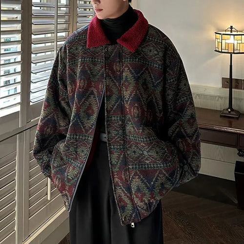 Load image into Gallery viewer, Fashion Men&#39;s Lamb Wool Jacket Knitted Contrast Color Jacquard Loose Casual Male Retro Cotton Padded Jackets 9C9039

