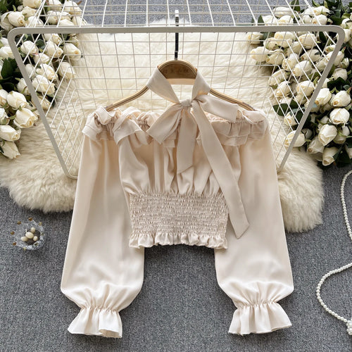 Load image into Gallery viewer, Women Sweet Sexy Club Bow Halter Blouse Off Shoulder Long Sleeve Solid Pleated Shirt Long Sleeve Short Ruffle Tops Spring Autumn
