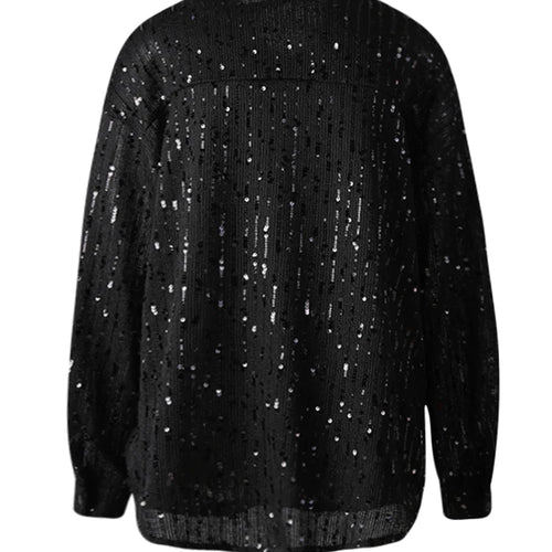 Load image into Gallery viewer, Women Black Sequins Elegant Perspective Big Size Blouse New Lapel Long Sleeve Shirt Fashion Spring Autumn 2025 CPG3180
