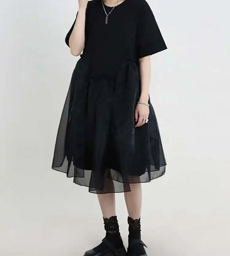 Women Black Organza Big Size Casual Dress New Round Neck Short Sleeve Loose Fit Fashion Tide Spring Summer 2025 1DF5074