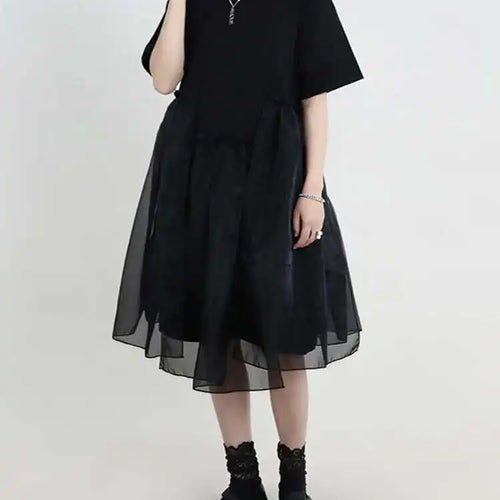 Load image into Gallery viewer, Women Black Organza Big Size Casual Dress New Round Neck Short Sleeve Loose Fit Fashion Tide Spring Summer 2025 1DF5074
