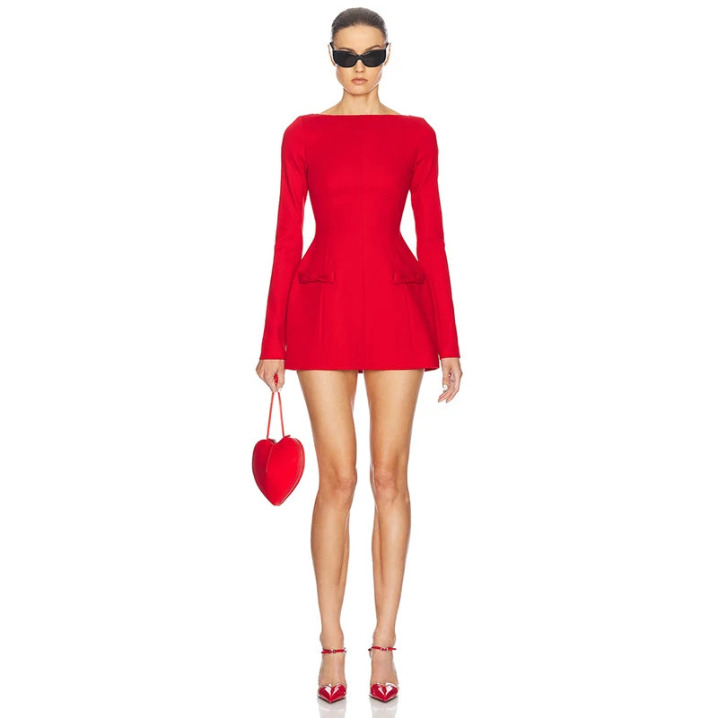 Double Bow Long Sleeve Sexy Mini Dress For Women Autumn Winter New Solid High Waist Bodycon Club Party Dress Elegant