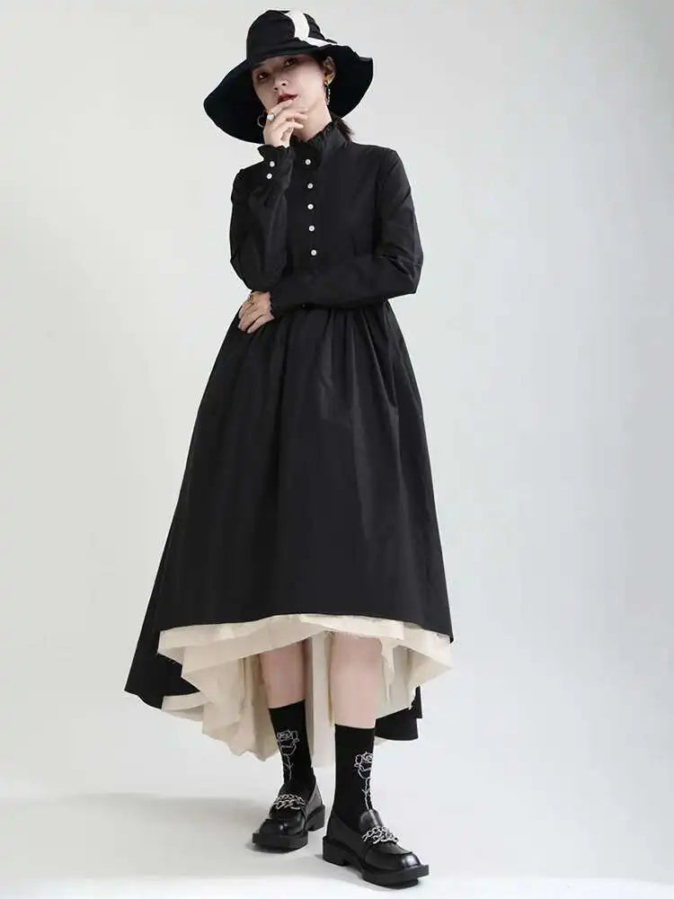 Women Black Layers Irregular Long Elegant Dress New Stand Collar Long Sleeve Fashion Tide Spring Autumn 2025 1DH9894