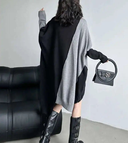 Women Gray Color-block Big Size Irregular Knitting Dress New Turtleneck Long Sleeve Fashion Spring Autumn 2025 1DH6561