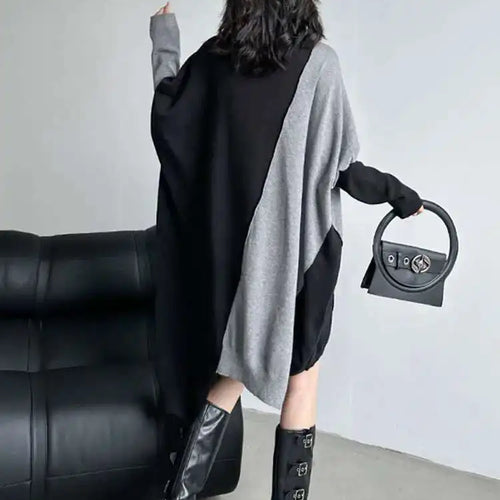 Load image into Gallery viewer, Women Gray Color-block Big Size Irregular Knitting Dress New Turtleneck Long Sleeve Fashion Spring Autumn 2025 1DH6561
