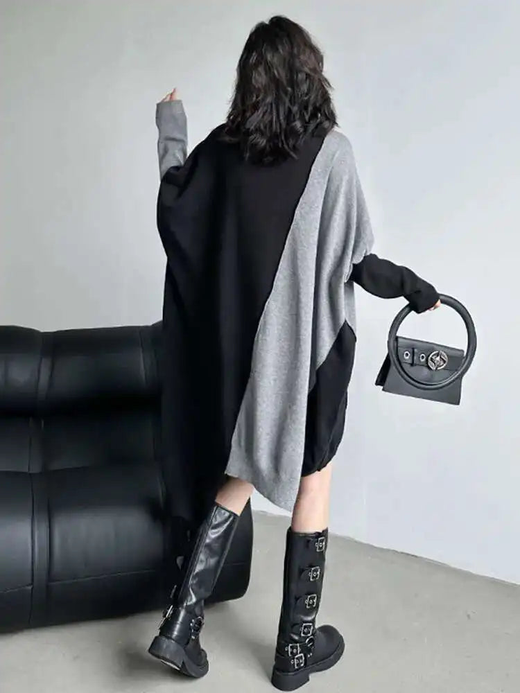 Women Gray Color-block Big Size Irregular Knitting Dress New Turtleneck Long Sleeve Fashion Spring Autumn 2025 1DH6561