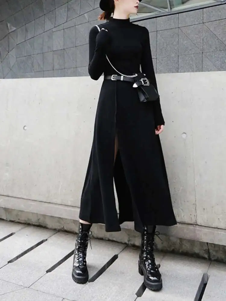 Women Red Hem Slit Long Irregular Dress New Turtleneck Long Sleeve Loose Fit Fashion Tide Spring Autumn 2025 1DF4817