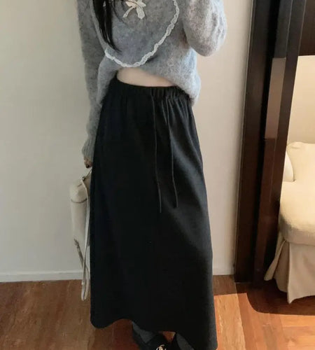 Autumn Winter New Solid Velvet High Waist Long Skirt Women Korean Fashion Elegant Vacation Drawstring Lace-up A-line Thick Skirt