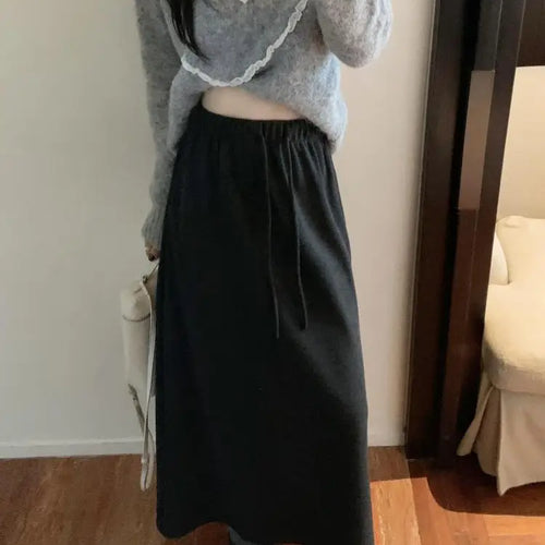 Load image into Gallery viewer, Autumn Winter New Solid Velvet High Waist Long Skirt Women Korean Fashion Elegant Vacation Drawstring Lace-up A-line Thick Skirt
