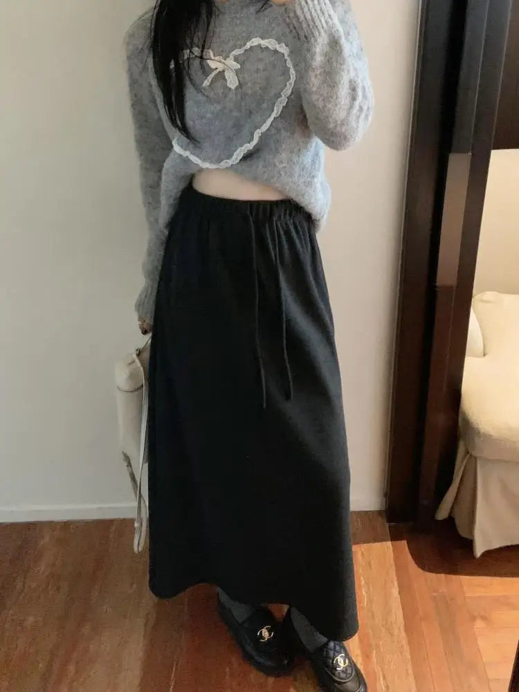 Autumn Winter New Solid Velvet High Waist Long Skirt Women Korean Fashion Elegant Vacation Drawstring Lace-up A-line Thick Skirt