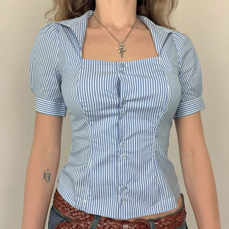 Casual Blue Striped Square Neck Slimming Shirts Women‘s Puff Short Sleeve With Breasted Blouse Summer All Match Tops