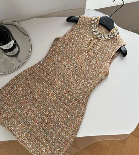 Retro 2024 Autumn Winter New Brown Diamond Woolen Sleeveless Mini Dress Women Round Neck Elegant Short Tweed Dress Popular Trend