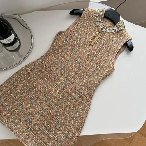 Load image into Gallery viewer, Retro 2024 Autumn Winter New Brown Diamond Woolen Sleeveless Mini Dress Women Round Neck Elegant Short Tweed Dress Popular Trend
