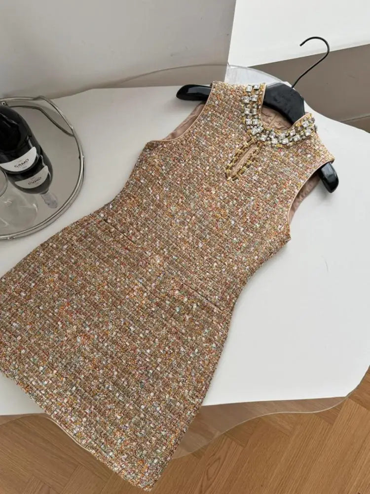 Retro 2024 Autumn Winter New Brown Diamond Woolen Sleeveless Mini Dress Women Round Neck Elegant Short Tweed Dress Popular Trend