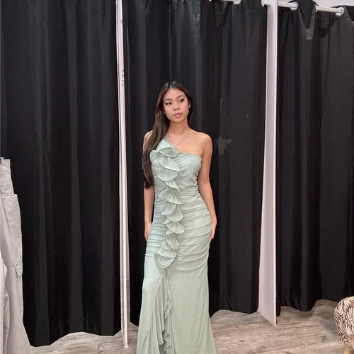Load image into Gallery viewer, One Shoulder Draped Ruffle Maxi Dress Women Gown Fashion Diagonal Collar Backless Sleeveless Split Long Dress Elegant
