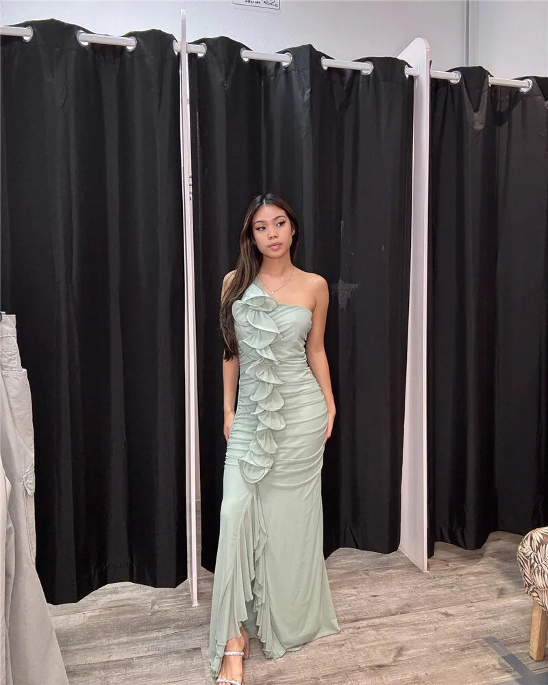 One Shoulder Draped Ruffle Maxi Dress Women Gown Fashion Diagonal Collar Backless Sleeveless Split Long Dress Elegant