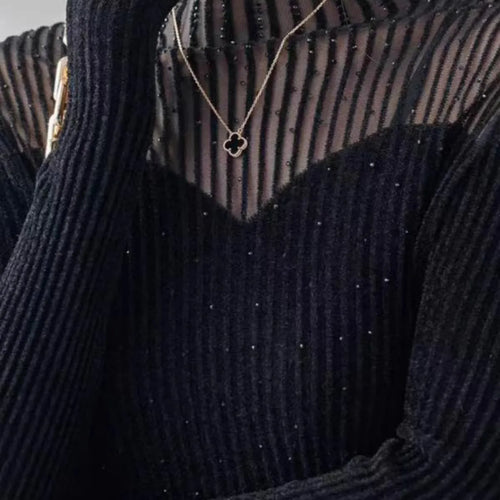 Load image into Gallery viewer, Fall Winter Slim-Fit Mesh Rhinestone Velvet Sweater for Woman High-Grade Mock Neck Sweater Knitted Top Female Pullover C-297

