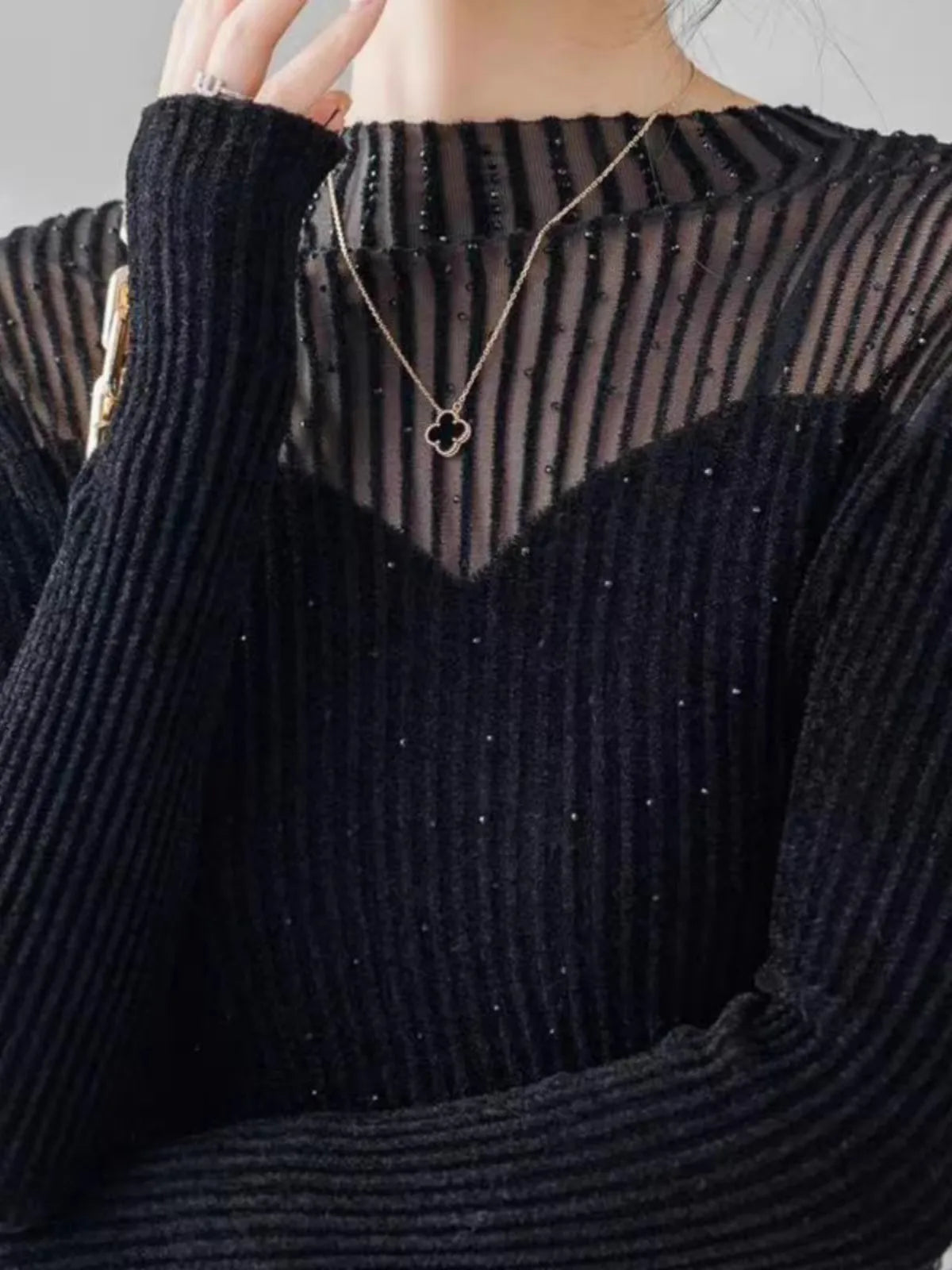 Fall Winter Slim-Fit Mesh Rhinestone Velvet Sweater for Woman High-Grade Mock Neck Sweater Knitted Top Female Pullover C-297