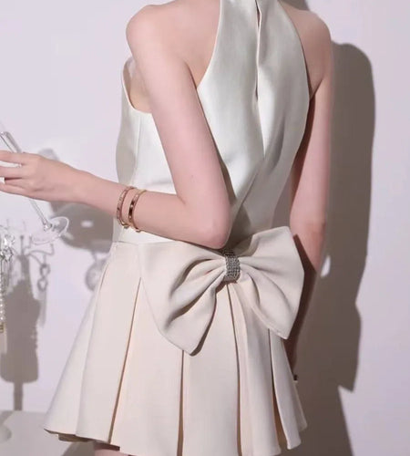 Sweet Two Piece Sets for Women Round Neck Sleeveless Spliced Bead Vest High Waist Patchwork Bowknot Skirt Set Female