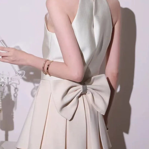 Load image into Gallery viewer, Sweet Two Piece Sets for Women Round Neck Sleeveless Spliced Bead Vest High Waist Patchwork Bowknot Skirt Set Female
