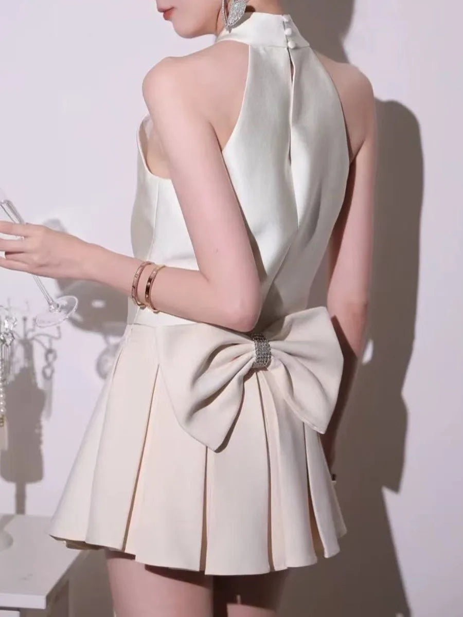 Sweet Two Piece Sets for Women Round Neck Sleeveless Spliced Bead Vest High Waist Patchwork Bowknot Skirt Set Female