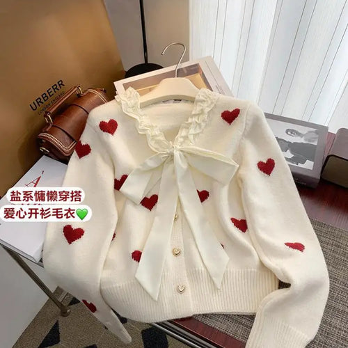 Load image into Gallery viewer, Winter Sweet Patchwork Heart Embroidery Knitting Sweaters Women Long Sleeved Bow Ruffles V-neck 2024 New Fashion Cardigan Tops
